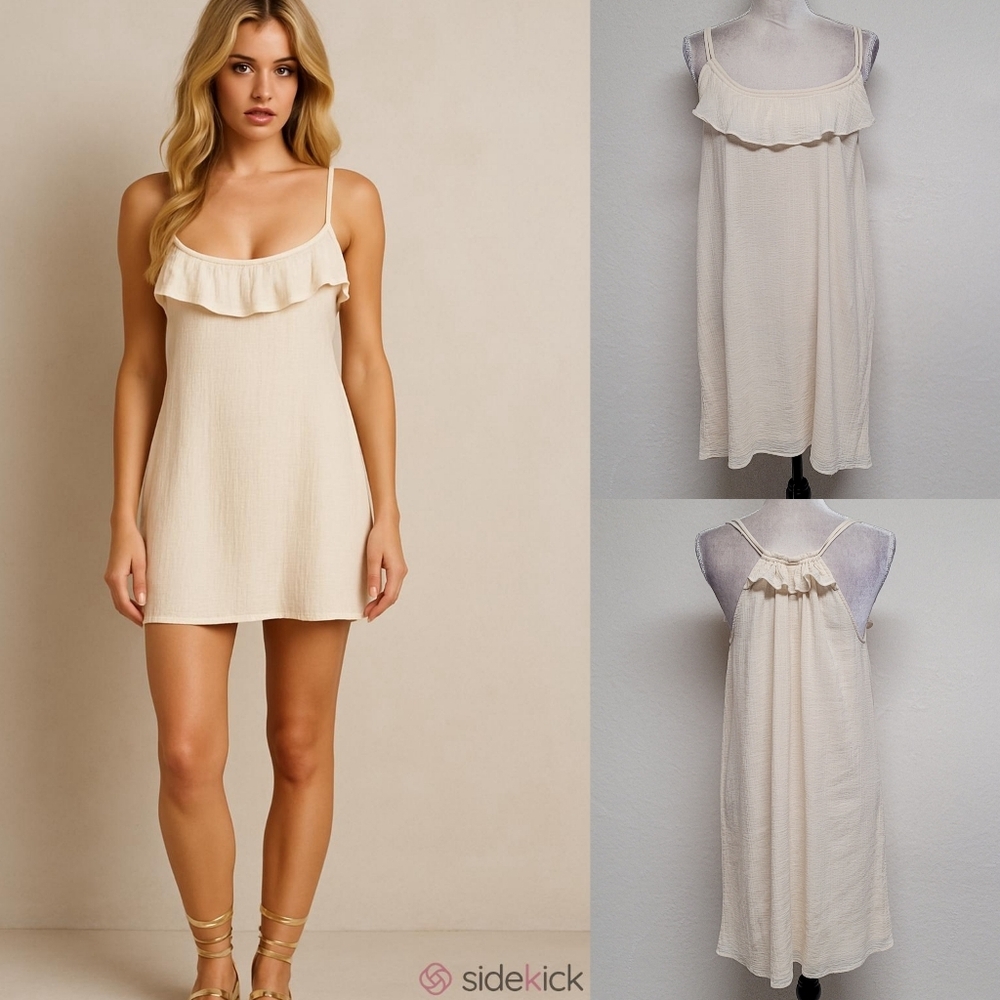 Vintage Y2K J. Crew Cream Cotton Crinkle Fabric Adjustable Ruffled Mini Dress S